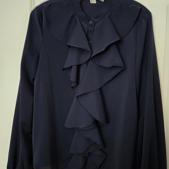 Navy Blue Ruffle Front Poets Blouse - Picture 4 of 5
